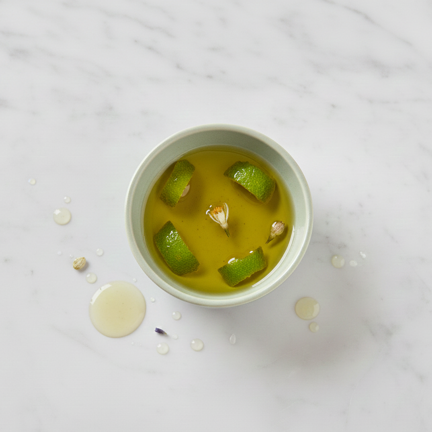 Bergamot flower oil in dish