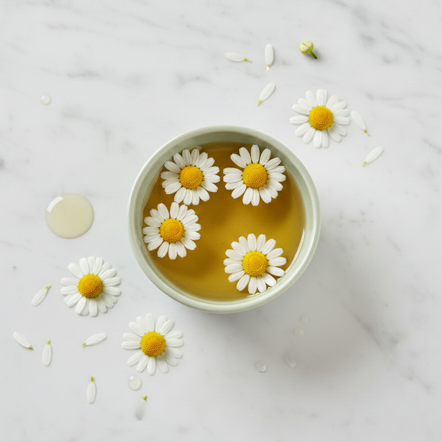 Tea with daisies in a white bowl on a marble surface