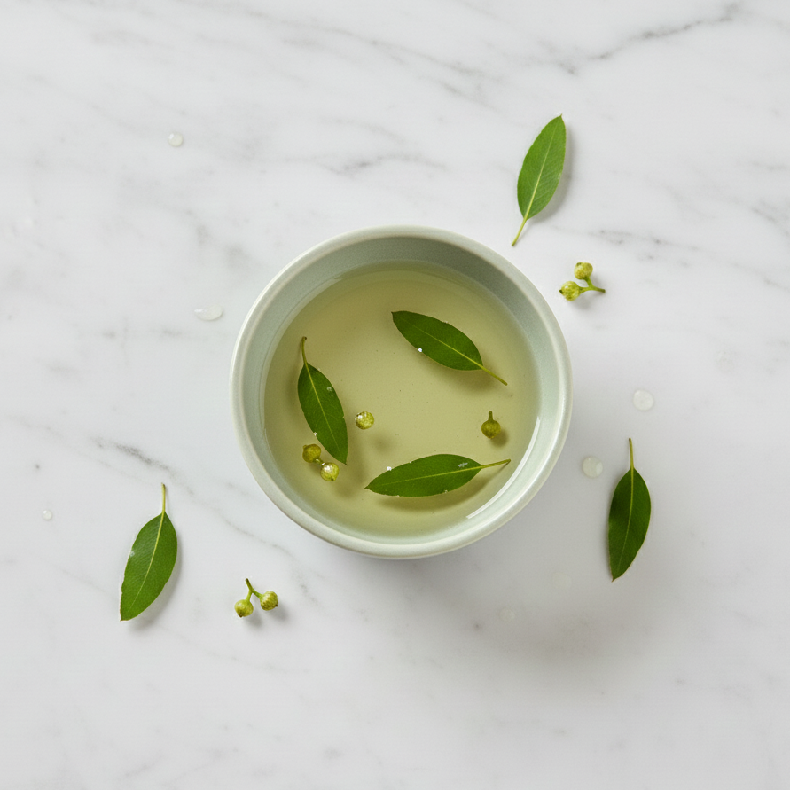 Tea leaves in a white bowl on a marble surface
