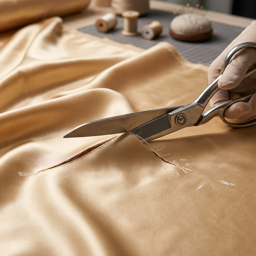 Hand cutting beige fabric with scissors on a wooden surface

