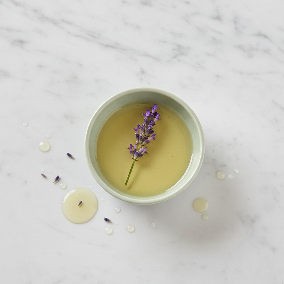 Tea with lavender flowers in a green cup on a marble surface