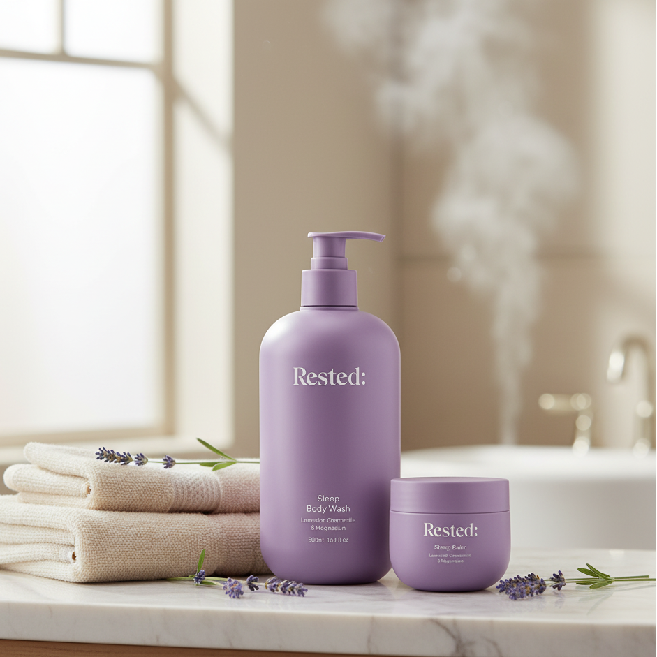 Purple 'Rested' body wash and cream on a bathroom counter with towels and lavender flowers.