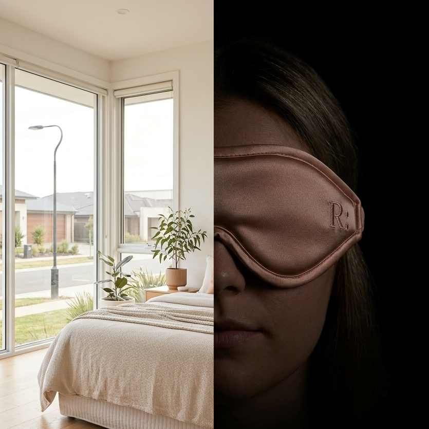 Split image of a bedroom with large windows and a person wearing a sleep mask.

