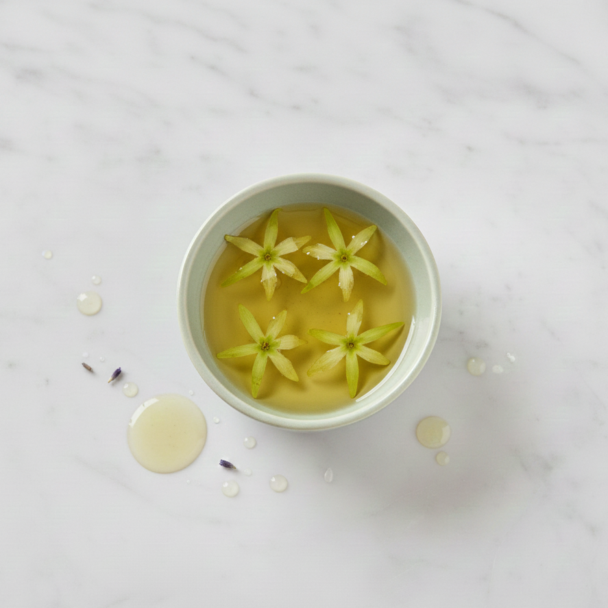 Cup of green tea with flower petals on a marble surface